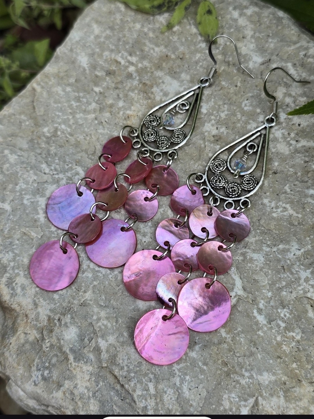 New!Silver,Pink muscle shell,Swarovski Crystal accents,  Earrings-Aprox.4in.L